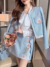 Two Piece Dress Fashion Korea Autumn Winter Women Sets High Quality Embroidery Vintage Jack Tweed Coat and Mini Skirt Two Piece Set 230827