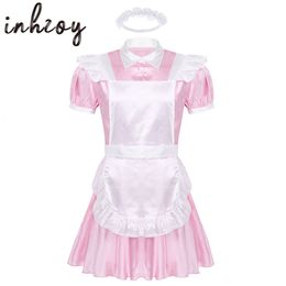 Theme Costume Mens Sissy Maid Cosplay Costume Puff Sleeve Frilly Satin French Apron Maid Servant Dress Set Roleplay Babydoll Dress with Apron 230826