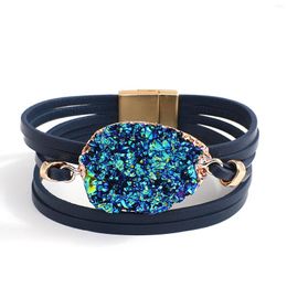 Charm Bracelets Amorcome Simulation Druzy Large Stone Bracelet Layered Wrap Leather For Women Femme Magnetic Bangle Jewellery Gift