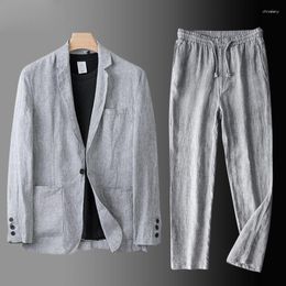 Men's Suits Linen Blazer Man 2 Piece Cotton Mens Suit Jacket Thin Style Spring Autumn Pants Top Coat Casual Summer