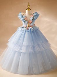 Flower Girl Dresses Spaghetti Ruffles Hand Made 3D Flowers Lace Tutu Vintage Little Baby Gowns For Communion Boho Wedding Applique Bow Kids Formal Wear 403