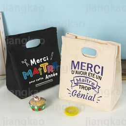 Ice Packs Isothermic Bags Merci Maitre French Print Lunch Cooler Bag Portable Insulated Canvas Bento Tote Thermal School Food Storage Teacher Gifts 230826
