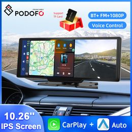 Mini Cameras Podofo 10.26'' Car DVR HD Driving Recorder Carplay Android Auto Dashboard Car Monitor Loop Recording AI Voice Rearview Camera 230826