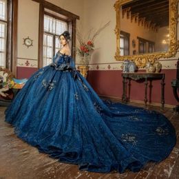 Navy Blue Sweetheart Ball Gown Quinceanera Dress Tulle Appliques Flowers Beads Off Shoulder Sweet 15 16 Birthday Party Formal