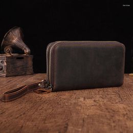 Wallets AETOO Multi Layer Cow Leather Double Zipper Men's Long Wallet Hand Bag Crazy Horse