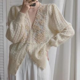Womens Knits Tees Y2K Beaded Knit Cardigan Vneck Elegant Autumn and Winter Top Soft Loose Coat Mohair Sweater Beautiful 230826