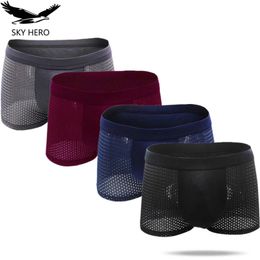 Underpants 4pcslot Men Net Underwear Boxershorts Bamboo Sexy Sleepwear Male Small Panties for Man Transparent Mesh Thin Pants 230826