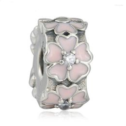 Loose Gemstones Spring Primrose Clip Charm Beads 925-Sterling-Silver Pink Enamel Flower Stopper Fit Bracelets Diy Fine Jewellery