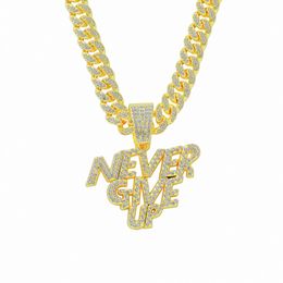 Hip Hop Men Rapper diamond pendant necklace shiny NEVER GIVE UP letters pendant square zircon Jewellery night club accessory Sweater Collarbone Cuban chain 50cm 1794