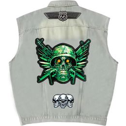 Men's Vests Short Loose Men Denim Vest Motorcycle Waistcoat Embroidery Patches Sleeveless Cowboy Jacket Club Riding Punk Veste 230826