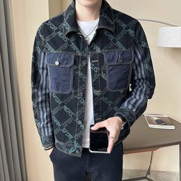 Men's Jackets Brand Clothing Fall Casual Denim Jacket Korean Style Retro Washed Patchwork Print Slim Top 230826