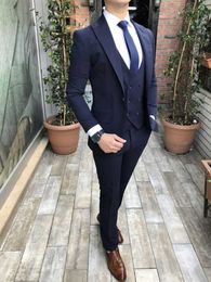 Men s Suits Blazers Custom Made Men Navy Blue Groom Tuxedos Lapel Groomsmen Wedding Man 3 Pieces Jacket Pants Vest Tie C915 230828