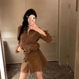 Luxury Corduroy Women Coat Skirt OL Style Long Sleeved Zipper Jacket Gold Buckle Belt Half Skirt Casual Set