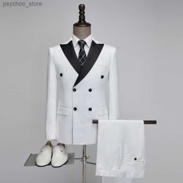 New Black Spar Collar Tuxedo Suits For Men White Double Breasted Jacket Blazer Pants 2 Pieces Set Wedding Luxury Groom Party Q230828