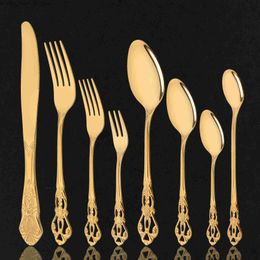 Gold 8Pcs Luxury Dinnerware Mirror Stainless Steel Vintage Western Flatware Cutlery Set Tableware Knife Ice Spoon Fruit Fork Set Q230828