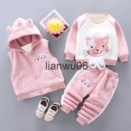 Clothing Sets 2023New Children's Clothing Boy Girl Baby Autumn And Winter Plus Velvet Thickening Hooded Cartoon cat ThreePiece Baby Suit 04Y x0828