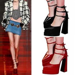 Toe Women Dress Shoes Summer Sandals Pointed Chunky Heel Platform Pumps High Heels Belt Buckle Handmade To Order Plus Size Patent Leather T s