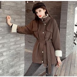 Women's Trench Coats Fleece Winter Jacket Women Thick Warm Casual Slim Cotton Padded Ladies Parka Fashionable Lambhair Splice Girdle