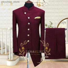 SZMANLIZI 2022 New Indian Style Burgundy Mens Suits With Pant Stand Collar Man Wedding Dress Groom Party Tuxedos Terno Masculino Q230828