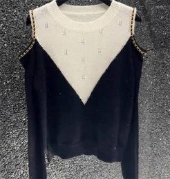 Women's Sweaters Metal Chain Off Shoulder Sweater Cashmere Women Knit Pullover Long Sleeve Hollow Out Knitwear Jumper Black White Contrast
