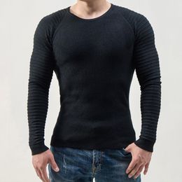 Mens Sweaters Men Autumn Sweater Pleated Knit Pullover Soft Breathable Crew Neck Long Sleeve Slim Fit Stripe Applique 230828