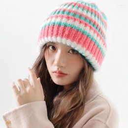 Berets Dopamine Color Matching Striped Beanie Hats For Women Autumn And Winter Japanese Retro Y2k Sweet Warm Fashion Knitted Men's Cap