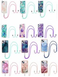 32Designs Marble Soft IMD TPU Chromed Cases For Iphone 15 Pro Max 14 Plus 13 12 11 Samsung S23 FE A24 Flower Bling Scale Plating Granite Stone Cover Crossybody Strap