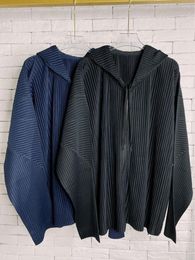 Women's Jackets Miyake Pleated Elastic Hooded Zipper Sweater Women Fall 2023 Winter Korean Fashion Long Sleeve Loose Plus Size Coats