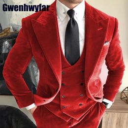 Men s Suits Blazers Gwenhwyfar Luxury Red Velvet Smoking Men Suit Jackets Set Lapel Formal Tuxedos 3 Pieces Wedding Party Prom Blazer Sets 230828