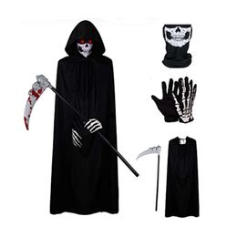 Halloween Adult Horror Costume Role Playing Death Attacks Skull Mask Thin Bone Gloves Death Sickle Ghost Robe Carnival Party Stage Costume