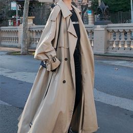 Women's Wool Blends Lautaro Spring Autumn Long Flowy Oversized Casual Trench Coat for Women Belt Double Breasted Loose Korean Fashion 230827