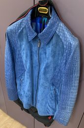 Mens Leather Jackets Autumn Blue Crocodile Skin Stitching Jacket Casual Coat zill