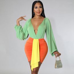 Work Dresses Sexy 2 Piece Set Women Skirt And Bodysuit Top 2023 Party Club Outfits Elegant Deep V-neck Long Sleeve Bodycon Mini Dress Sets