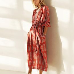 Dresses Long Sleeve Kimono Long Dresses Women Cover Up Vintage Satin Red Floral Print Autumn Vestidos Boho Side Split 2021 Robe