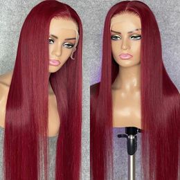 36Inch HD Transparent Lace Frontal Wig Peruvian 99J Burgundy Straight Wig 13X6 13X4 Lace Front Human Hair Wigs for Women Colored