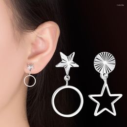 Stud Earrings Silver Color Pentagram Geometric Cutout Round For Women Casual Style Girl Earings
