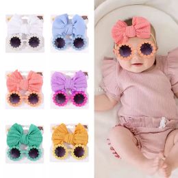 Kids Sunglasses Headband Set Toddlers Elastic Bow Hair Bands Big Bowknot 2Pcs/set Round Sunflower Summer Boho Cute Lovely Flower Hollow Bow Hair Accessories