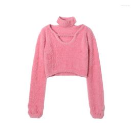 Women's Sweaters Sexy Halter Sweater Faux Mink Fleece Women Winter Sweet Pullover Tops Short Loose Female Casual Fashion Outwear