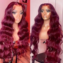 99J Bury Body Wave Human Hair 13x4 13x6 Transparent Lace Front Wine Red Brazilian Baby Wigs 28 30 32 34inch