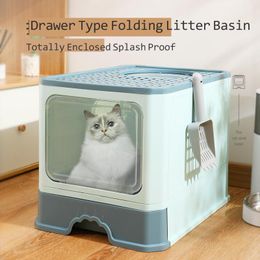 Tools New Fully Enclosed Folding Cat Litter Box Extra Large Splashproof Drawer Type Cat Poop Basin Extra Large Double Door Cat Toilet