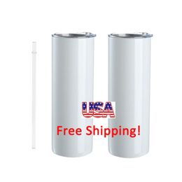 USA/CA Skinny Straight Flat Edge Blank Glitter Sublimation Tumbler 20oz with Lid and Straw T0280 4.23