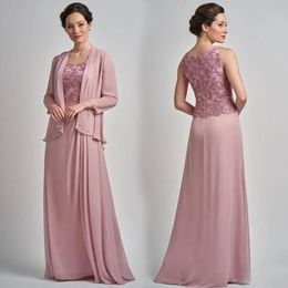 Mother's Dresses Formal Mother Of The Bride A Line Floor-Length NONE Train Chiffon Lace Long Sleeve Two Pieces With Jacket