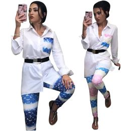 Elegant Two Piece Pants Women Casual White Shirt and Legging Sets Easy Suits Free Ship