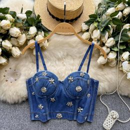 Women's Tanks French Sexy Denim Corset Top Diamond Spaghetti Strap Jeans Tops With Rhinestones Casual Chic Tank Camis Bra Pads Dropship