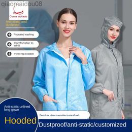 Protective Clothing Electrostatic gown dust-proof protective overalls with zipper factory workshop Foxconn clean coat with cap blue and white HKD230826