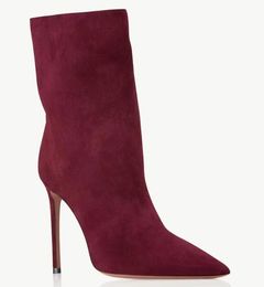 Winter women's ankle boots, genuine suede leather, Aquazuras boots, Matignon Bootie, slim heels, sexy high shoes, pointed toe, elegant bride, showcasing sexy charm EU35-43