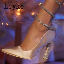 Liyke New Shoes Dress 2024 Fashion Crystal Ankle Strap Women Pumps Purple Silk Pointed Toe Rhinestone High Heels Party Banquet Stiletto Shoe T230828 549cd