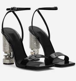 Luxury Brial Wedding Polished Calfskin Sandals Shoes with Rhinestones High Heels Lady Pumps Black Patent Leather Perfect Gladiator Sandalias EU35-43