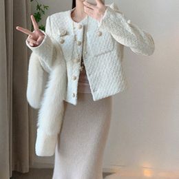 Womens Jackets HighEndTemperament Woollen Chic Tweed Jacket Women Spring Autumn Single Breasted Short Cardigan Top 230828