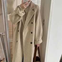 Womens Wool Blends Autumn And Winter Korean Version Loose Tie Fashion Temperament Doublebreasted Thickened Long Woolen Coat Women 230828